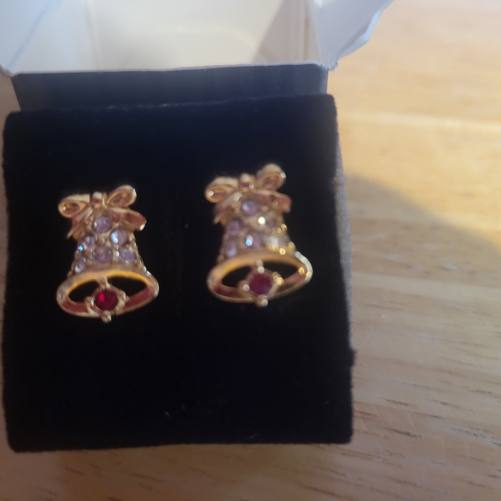 Avon Gold Bell Earrings with Red and White Accents